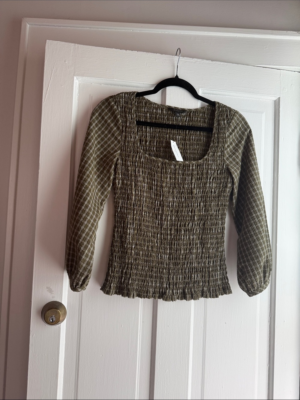 Banana Republic Factory Olive Smocked Square-Neck Long Sleeve Top